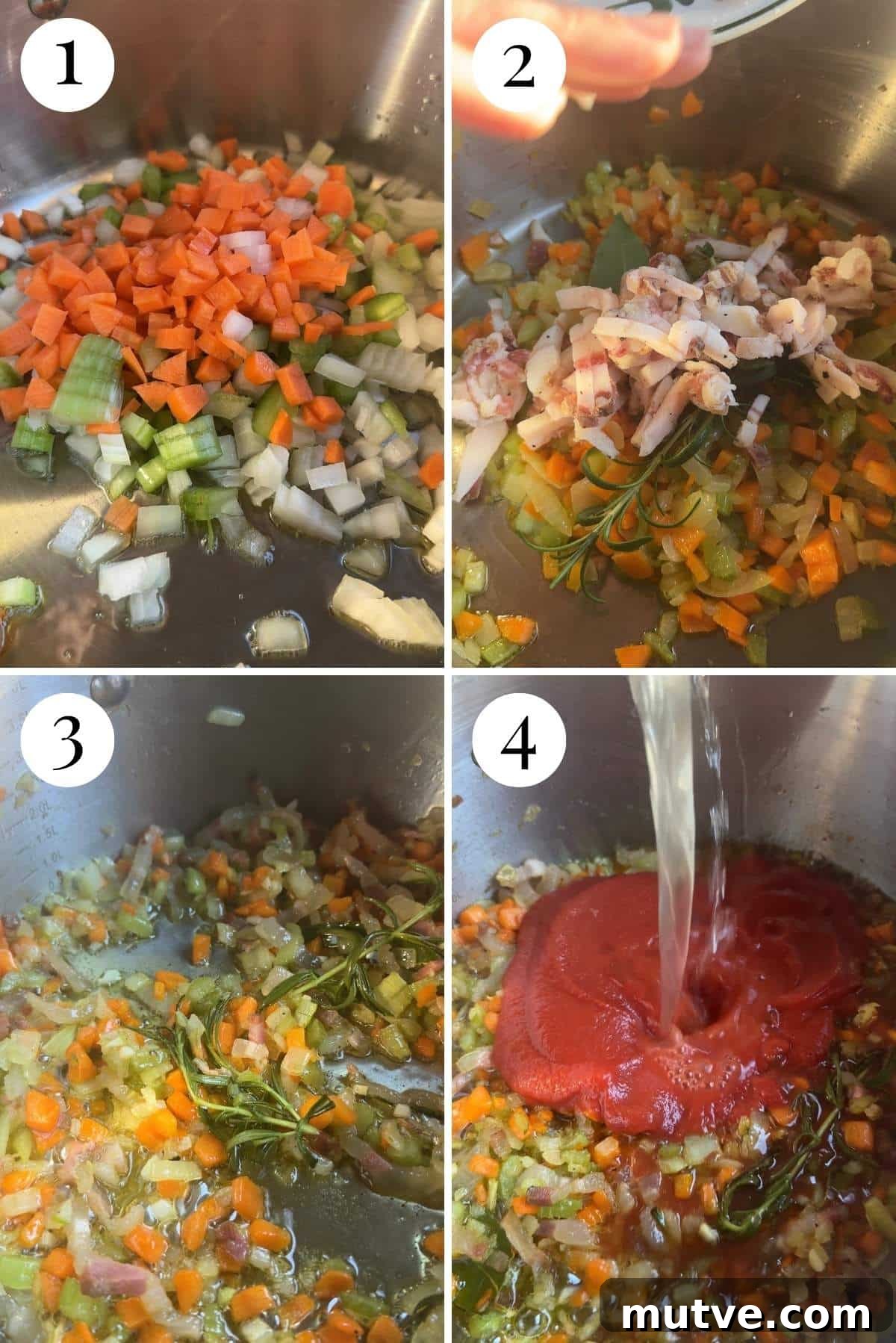 Pasta e Lenticchie Recipe: Authentic Italian Lentil Pasta 4 Four photos in a collage showing how to saute soffritto, pancetta and herbs.
