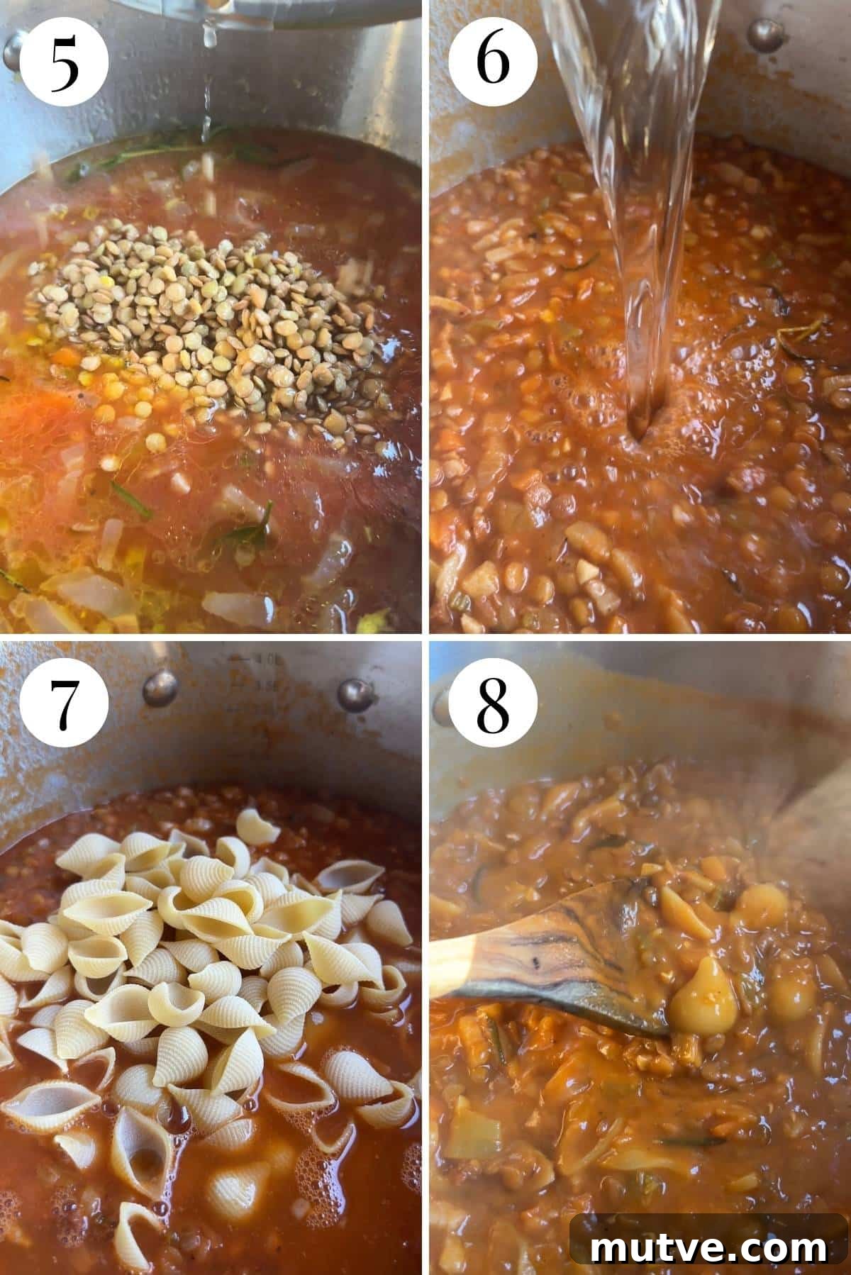 Pasta e Lenticchie Recipe: Authentic Italian Lentil Pasta 5 Four photos in a collage showing how to add tomato, stock, lentils and pasta.