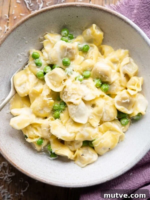 An overhead shot of Tortellini in a bowl with a cream sauce and peas