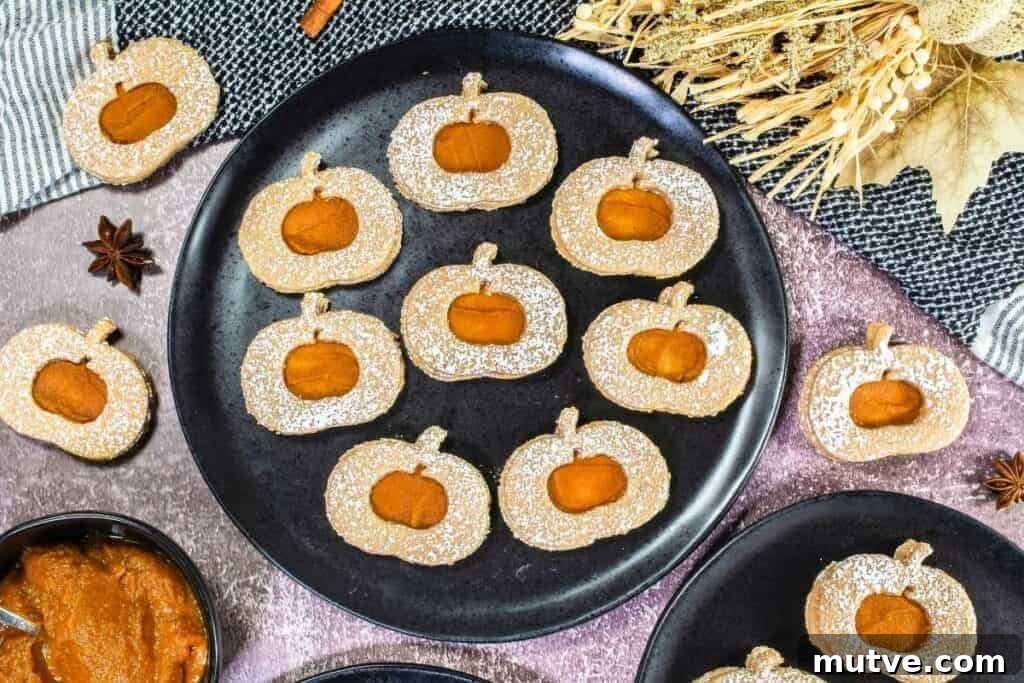 29 Halloween Treats That Beat Your Trick-or-Treat Candy 15 A black plate holds Pumpkin Linzer Cookies with powdered sugar and pumpkin filling. Other cookies and a bowl of filling are nearby on a textured tablecloth.
