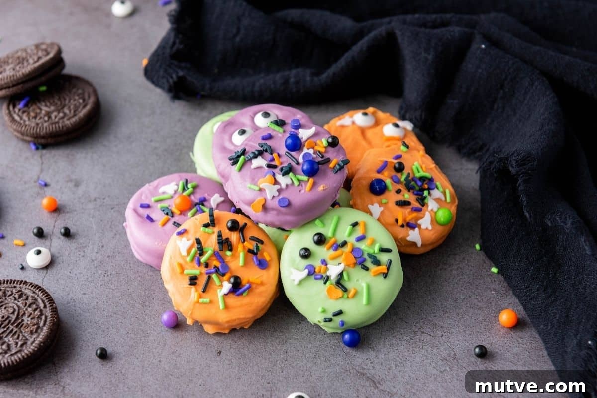 29 Halloween Treats That Beat Your Trick-or-Treat Candy 17 A group of Halloween Oreo Cookies coated in green, orange, and purple, decorated with sprinkles and candy eyes, sits on a gray surface next to a black cloth.