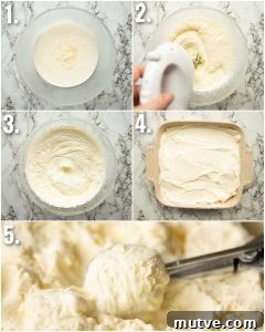 5 step by step photos showing how to make no churn ice cream