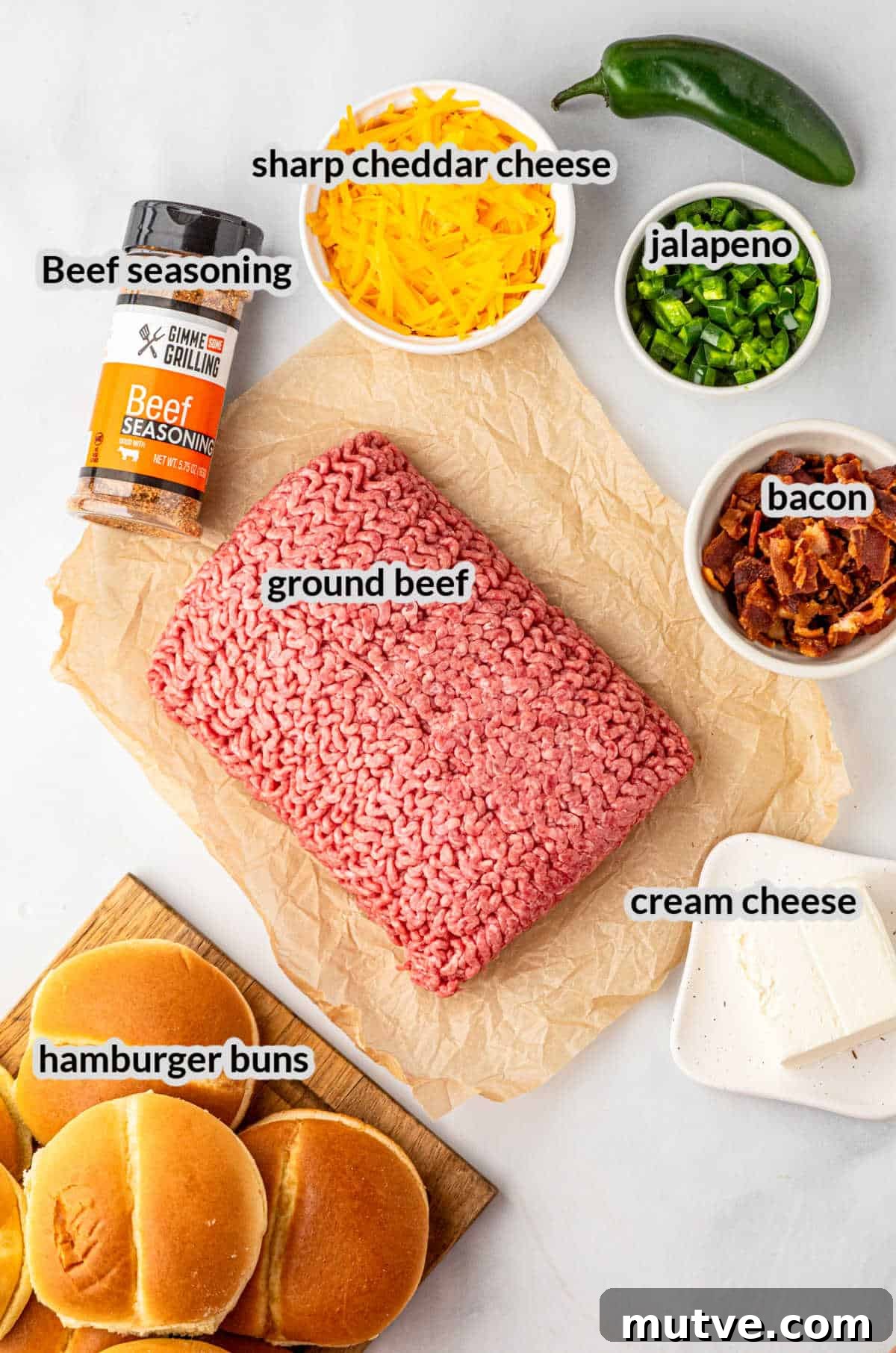 Juicy Jalapeno Popper Stuffed Burger with Bacon and Cream Cheese 3 Overhead Image of Jalapeno Popper Stuffed Burger Ingredients