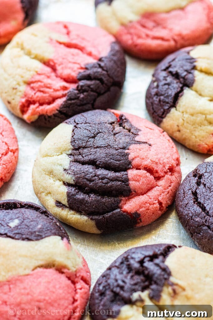 Baked neapolitan cookies on a metal pan. 