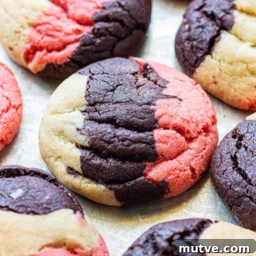 Baked Neapolitan cookie on metal baking sheet.