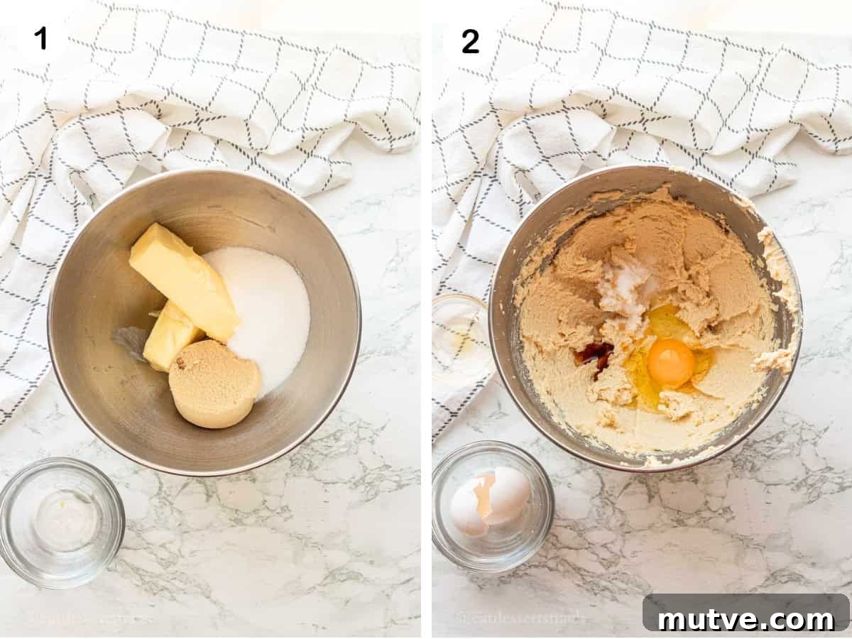 Butter, brown sugar, and white sugar in metal mixing bowl and creamed butter with egg, vanilla, and salt in bowl.
