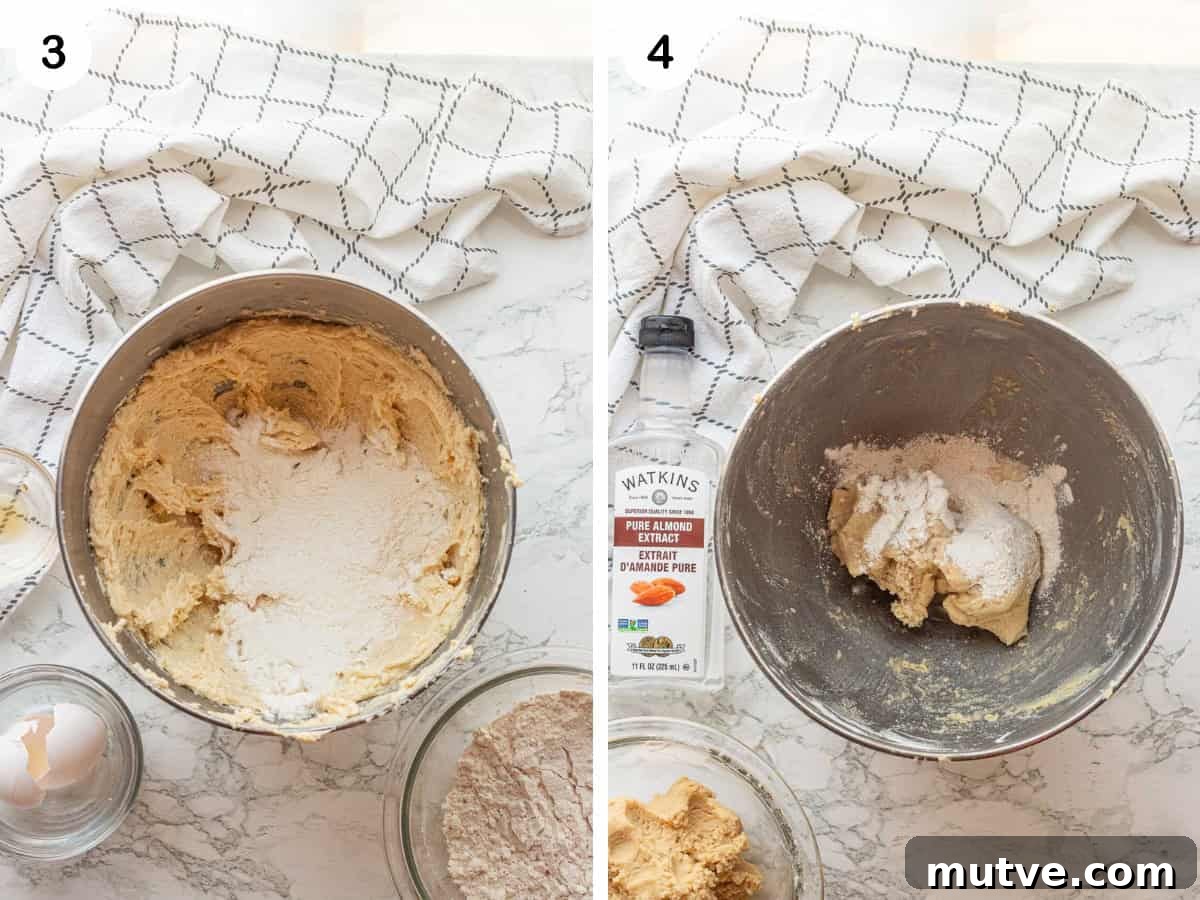 Creamed butter and sugar with flour in metal bowl, and flour and almond extract in metal bowl.