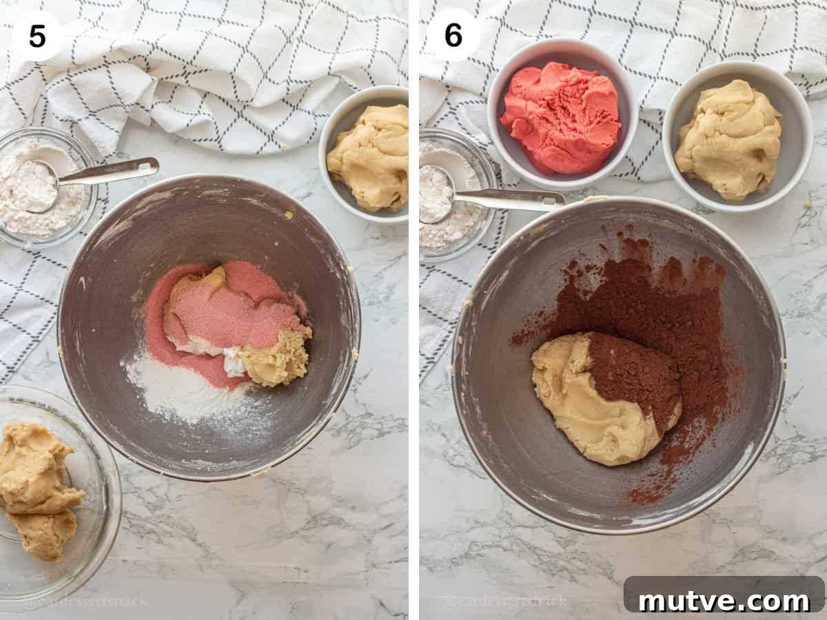 Strawberry Jello powder in mixing bowl with raw dough and cocoa powder in mixing bowl with raw dough.