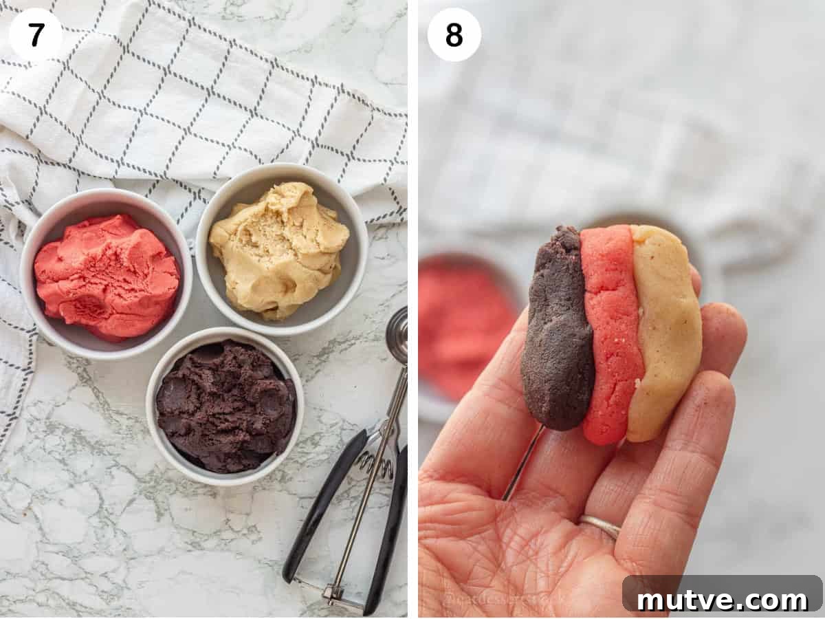 Pink strawberry dough, vanilla dough, and chocolate cookie dough in 3 glass bowls with hand holding three pieces of each dough.
