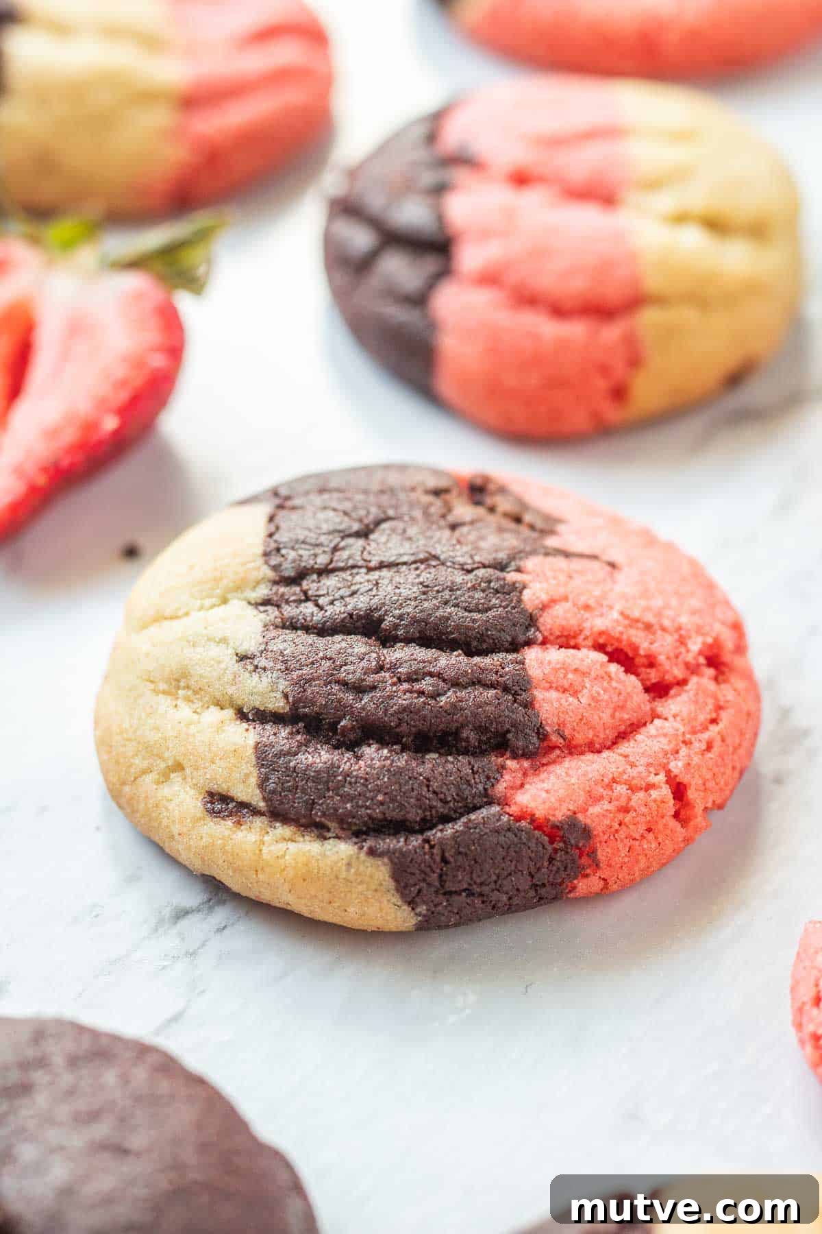 Neapolitan cookie baked with half of strawberry on marble.