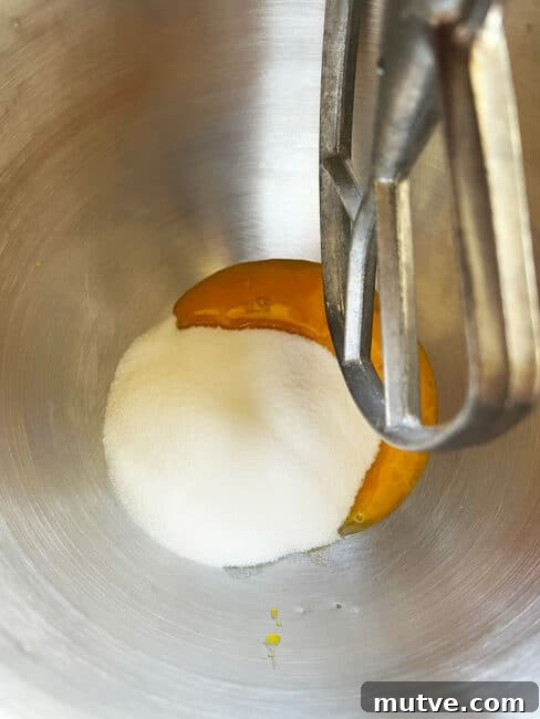 Tishpishti Honey Almond Cake with Citrus Syrup 11 Egg yolks and sugar about to be mixed by paddle attachment in the stand mixer.
