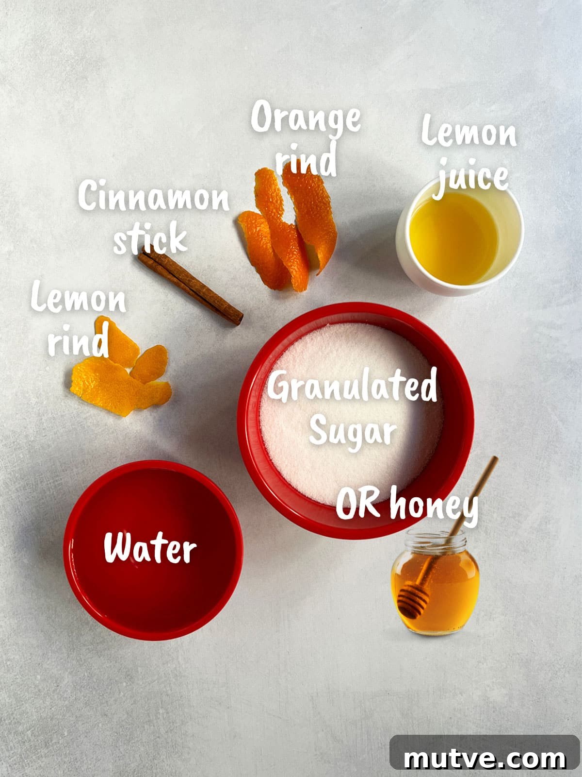 Tishpishti Honey Almond Cake with Citrus Syrup 3 Ingredient shot for honey almond cake syrup showing water, sugar, lemon and orange rind, cinnamon and orange juice plus optional honey substitute.