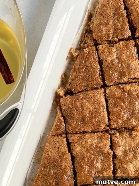Tishpishti Honey Almond Cake with Citrus Syrup 17 Top view of cut cake with the syrup nearby.