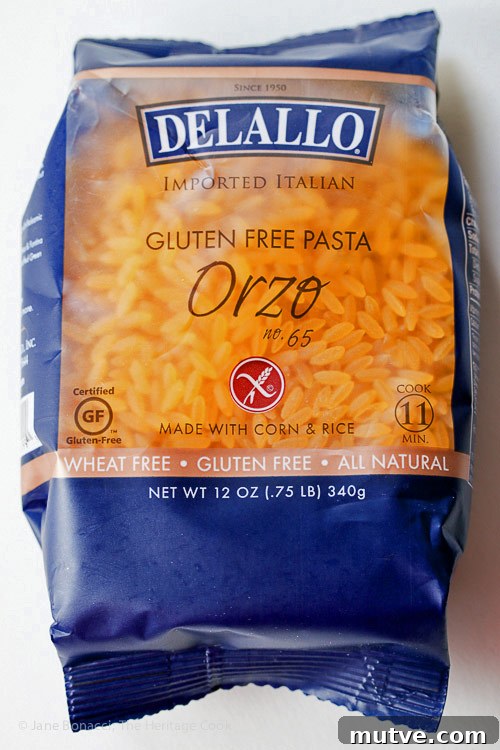 Gluten-Free Summer Orzo Pasta Salad with Lemon and Herbs 5 Bag of DeLallo gluten free orzo pasta; Gluten Free Summer Orzo Pasta Salad © 2017 Jane Bonacci, The Heritage Cook