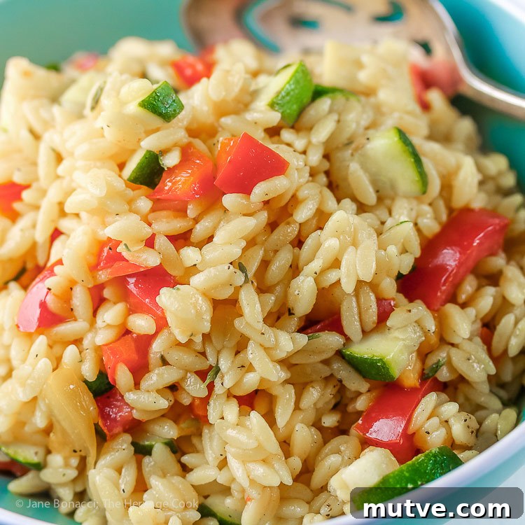 Gluten-Free Summer Orzo Pasta Salad with Lemon and Herbs 6 Close up of a bowl; Gluten Free Summer Orzo Pasta Salad © 2017 Jane Bonacci, The Heritage Cook