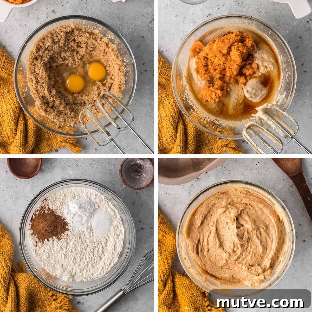 Spiced Sweet Potato Bundt Cake with Maple Glaze 6 Dry ingredients are combined with sweet potato and milk in a mixing bowl.