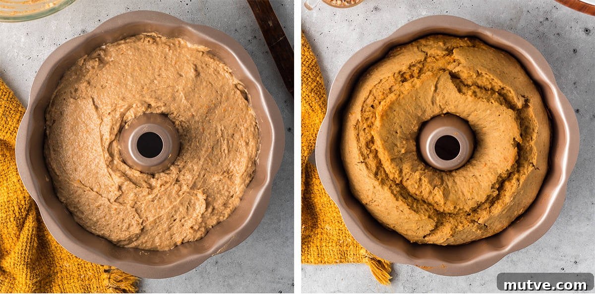 Spiced Sweet Potato Bundt Cake with Maple Glaze 7 Sweet potato cake batter in a Bundt pan before and after being baked.
