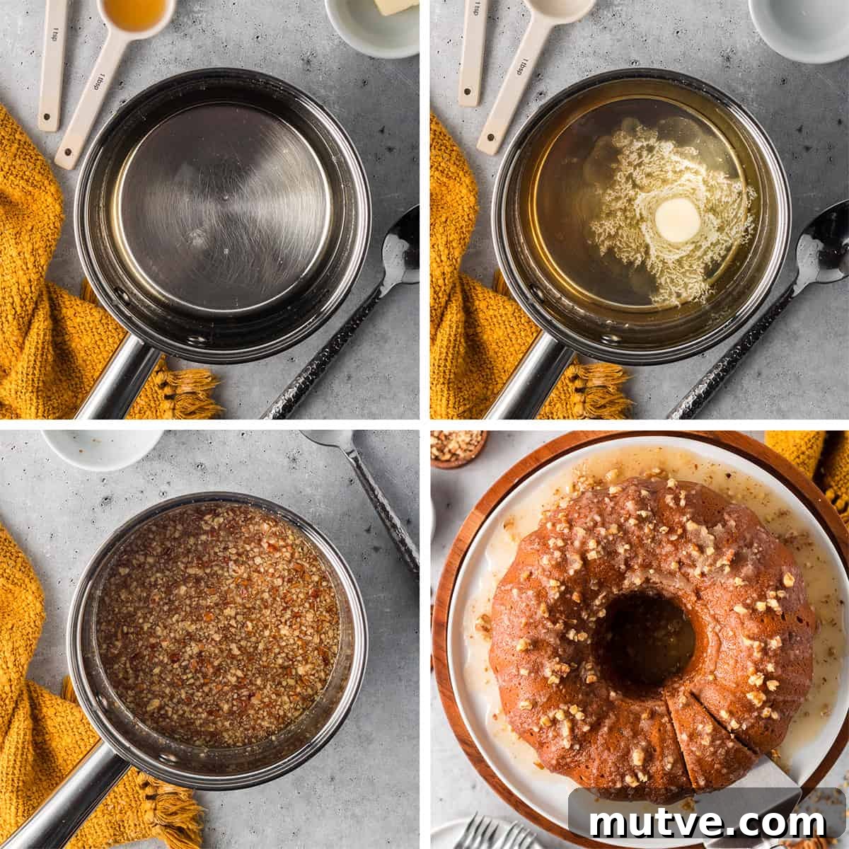 Spiced Sweet Potato Bundt Cake with Maple Glaze 8 Bourbon pecan icing ingredients in a saucepan and then poured over a Bundt cake.