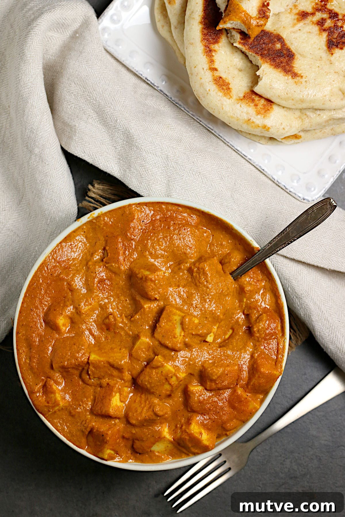 An overhead photo of a bowl of butter paneer.