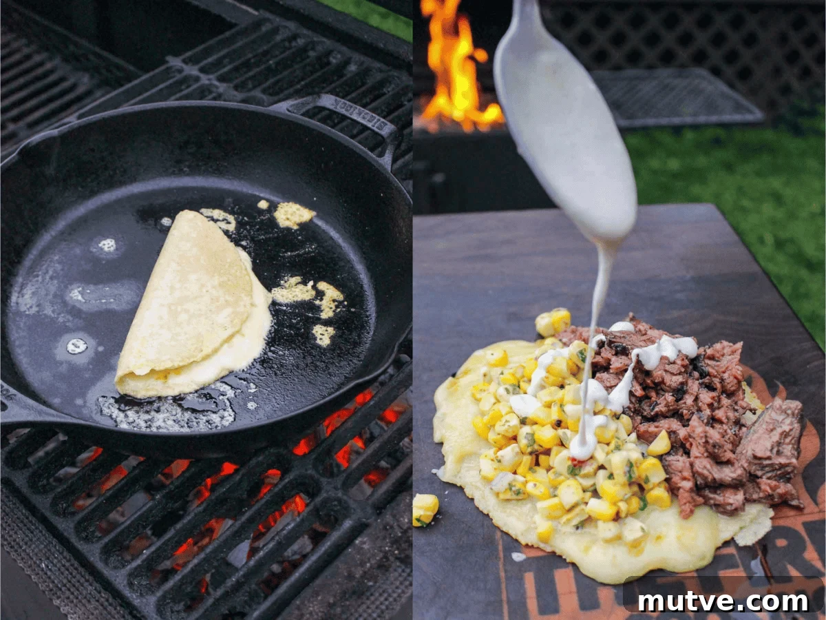 Grilled Steak Tacos with Mexican Street Corn and Cotija 8 The tacos are finished with melted cheese.