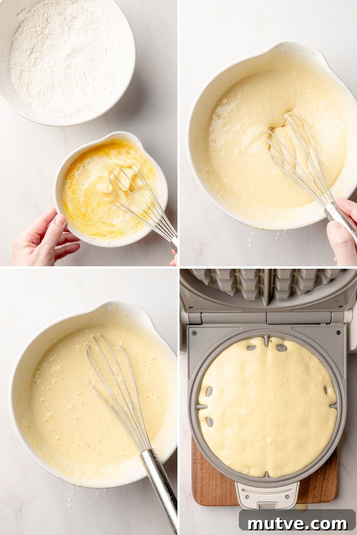 Fluffy Gluten-Free Belgian Waffles Recipe 5 Ingredients for gluten-free waffles measured into small white bowls on a marble surface, including gluten-free flour blend, eggs, oil, milk, sugar, vanilla extract, baking powder, and salt.