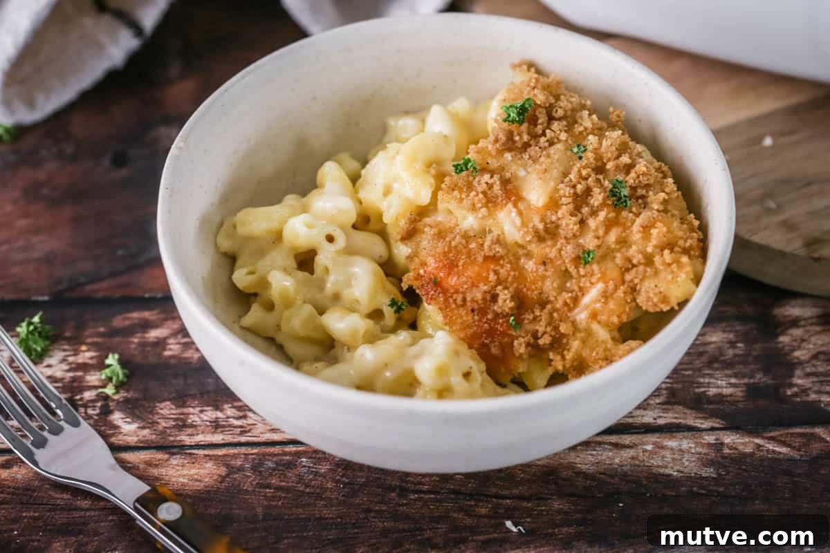 A portion of gluten-free mac and cheese in a bowl showing ultra creamy and cheesy sauce clinging to tender macaroni pasta. With a golden crisp topping.