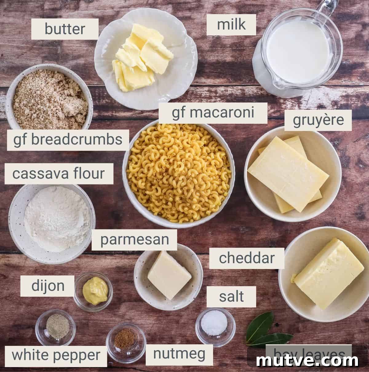 Gluten-Free Macaroni Cheese ingredients on table.