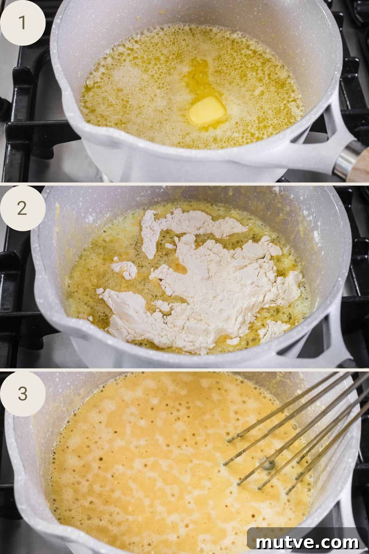 Butter melted in saucepan. Sweet rice flour (or cassava flour) added to melted butter. Whisked in with ball whisk.