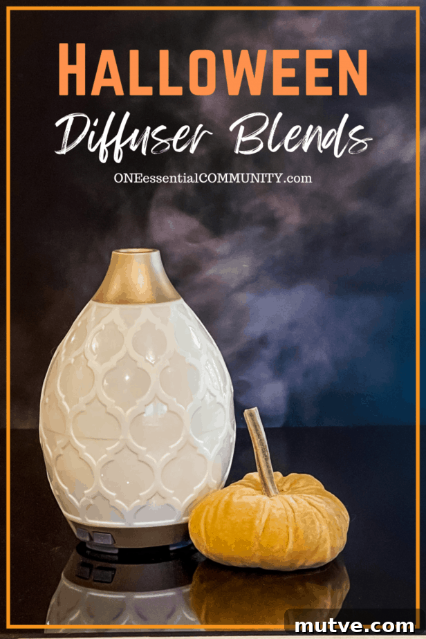 13 Spooky Halloween Diffuser Blends with Free Printable 7 Halloween Diffuser Blends by oneessentialcommunity.com -- along with diffuser, mist, and velvet pumpkin