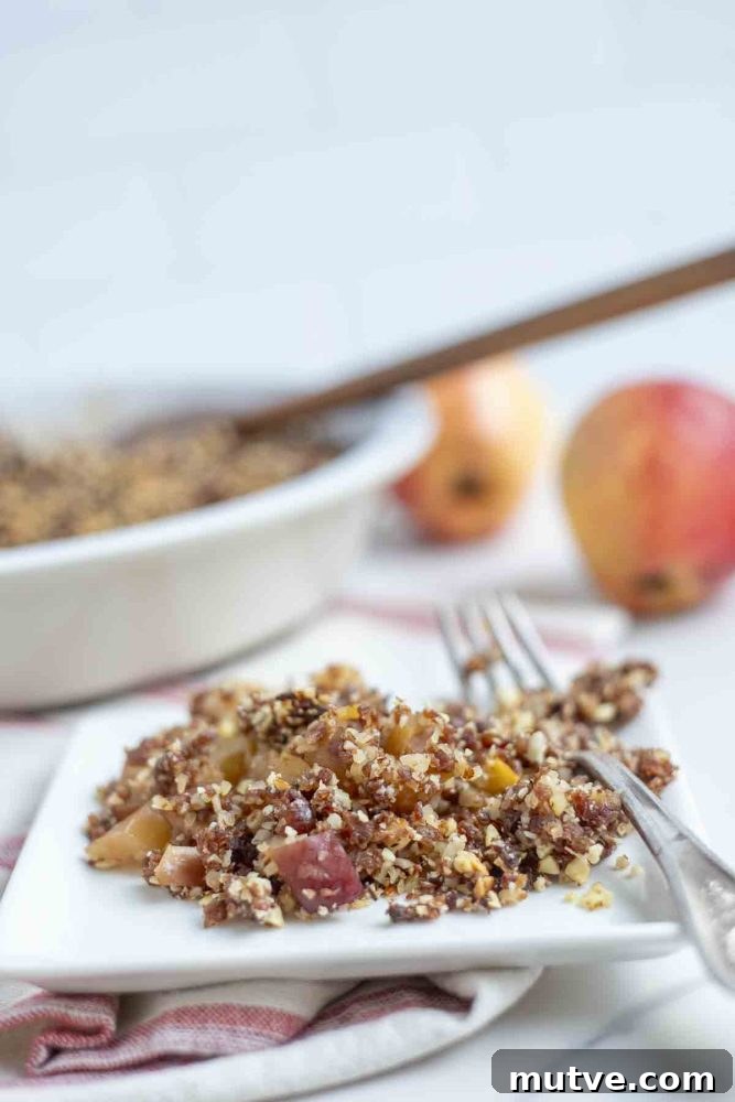 Gluten-Free Apple Crisp Recipe with Oat Crumble 3 gluten free apple crisp on a white plate with a vintage fork on a red and cream stripped towel