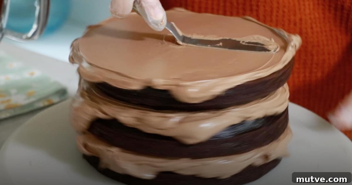 How to Frost a Cake: Step-by-Step for Smooth Icing 10 spreading chocolate buttercream on top of a chocolate cake