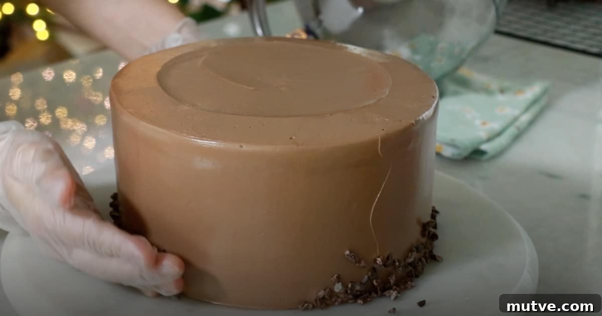 How to Frost a Cake: Step-by-Step for Smooth Icing 20 attaching cacao nibs on the side of a whole chocolate cake