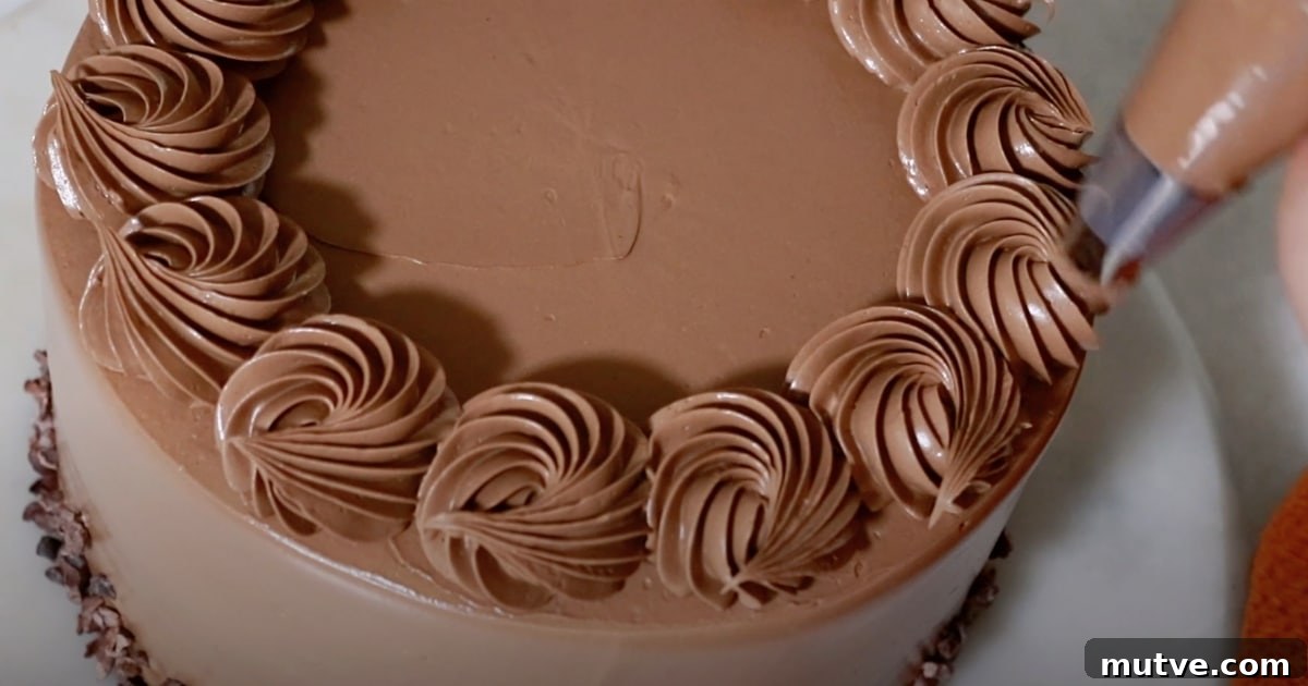 How to Frost a Cake: Step-by-Step for Smooth Icing 22 piping basic swirls with buttercream on top of a whole chocolate cake