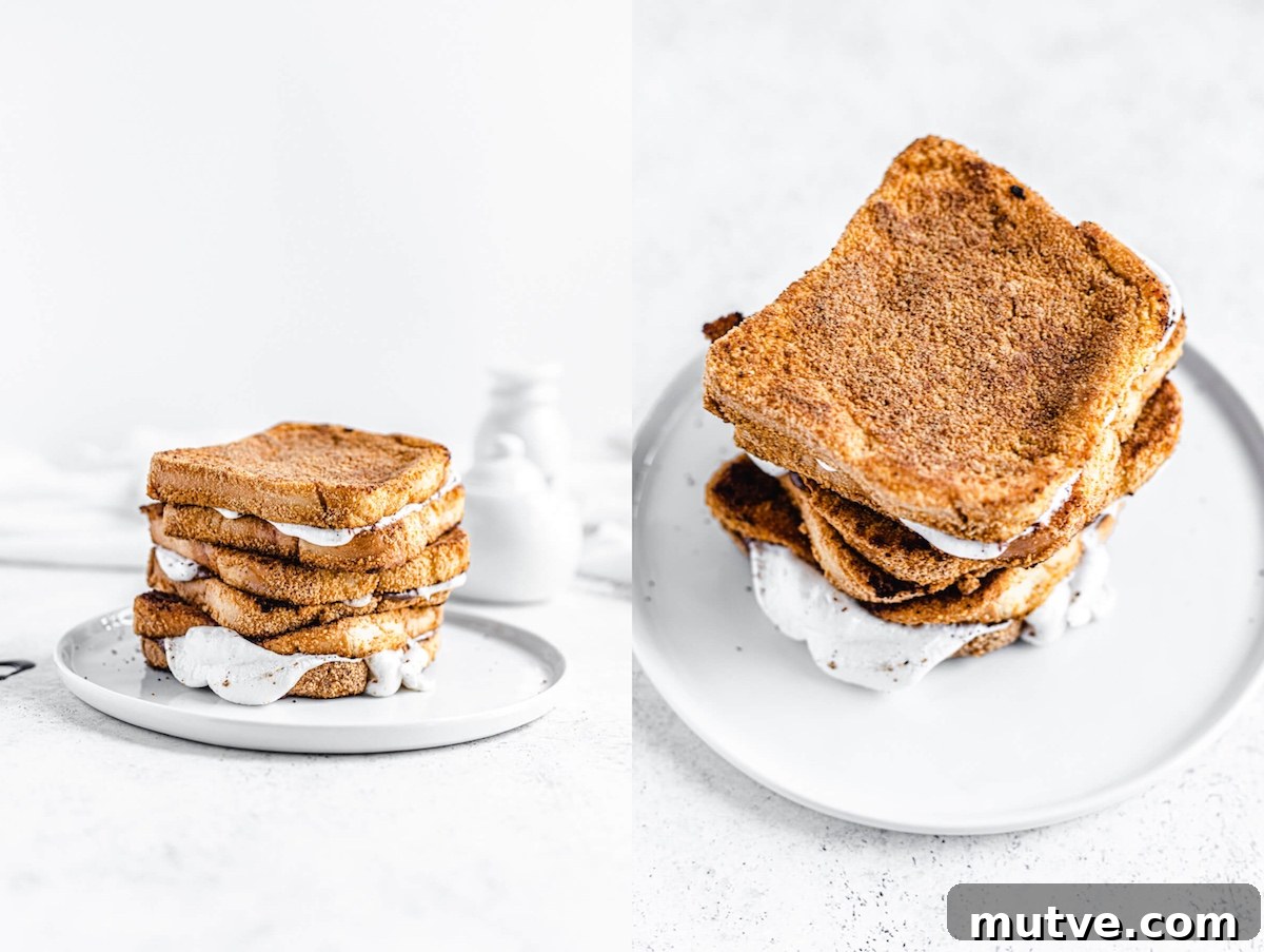 Campfire S'mores French Toast with Chocolate and Marshmallows 5 stack of marshmallow stuffed graham cracker French toast