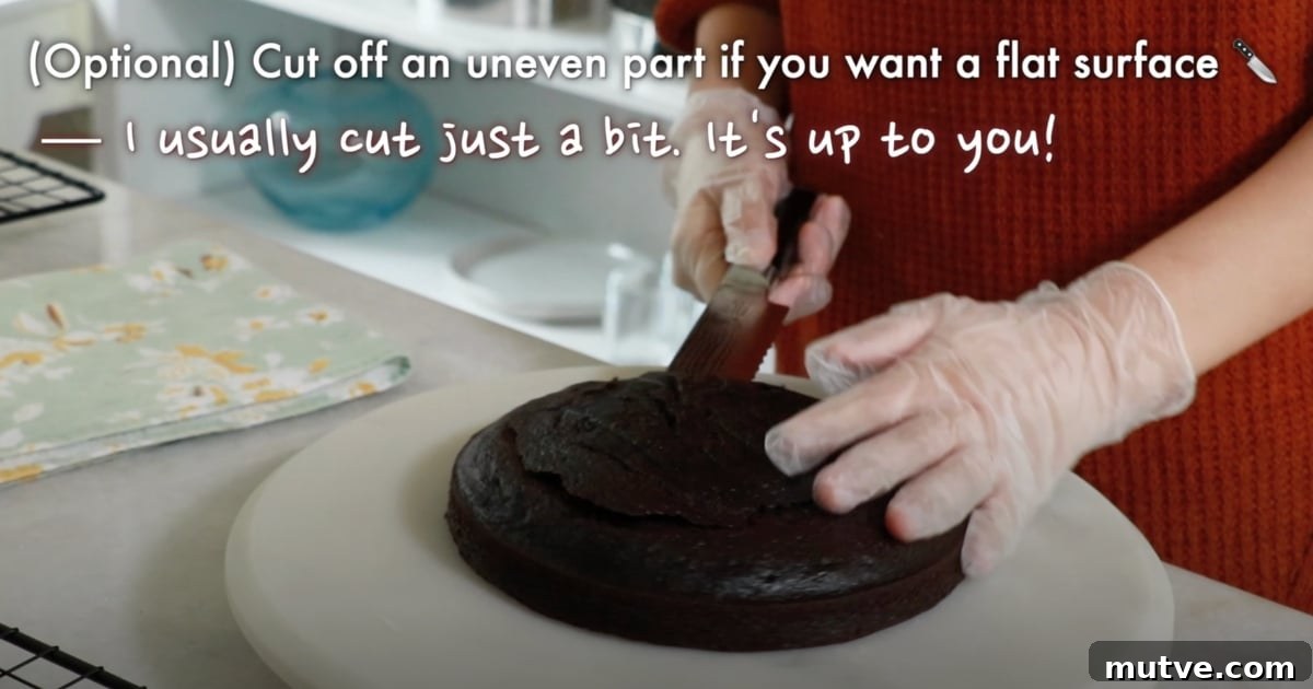 How to Frost a Cake: Step-by-Step for Smooth Icing 6 cutting off the uneven surface of a chocolate cake
