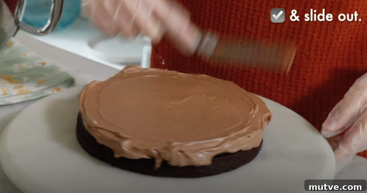 How to Frost a Cake: Step-by-Step for Smooth Icing 7 evenly spread chocolate buttercream on top of a chocolate cake