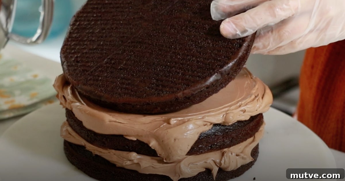 How to Frost a Cake: Step-by-Step for Smooth Icing 9 placing a 3rd layer of a chocolate cake on top of buttercream to frost a cake