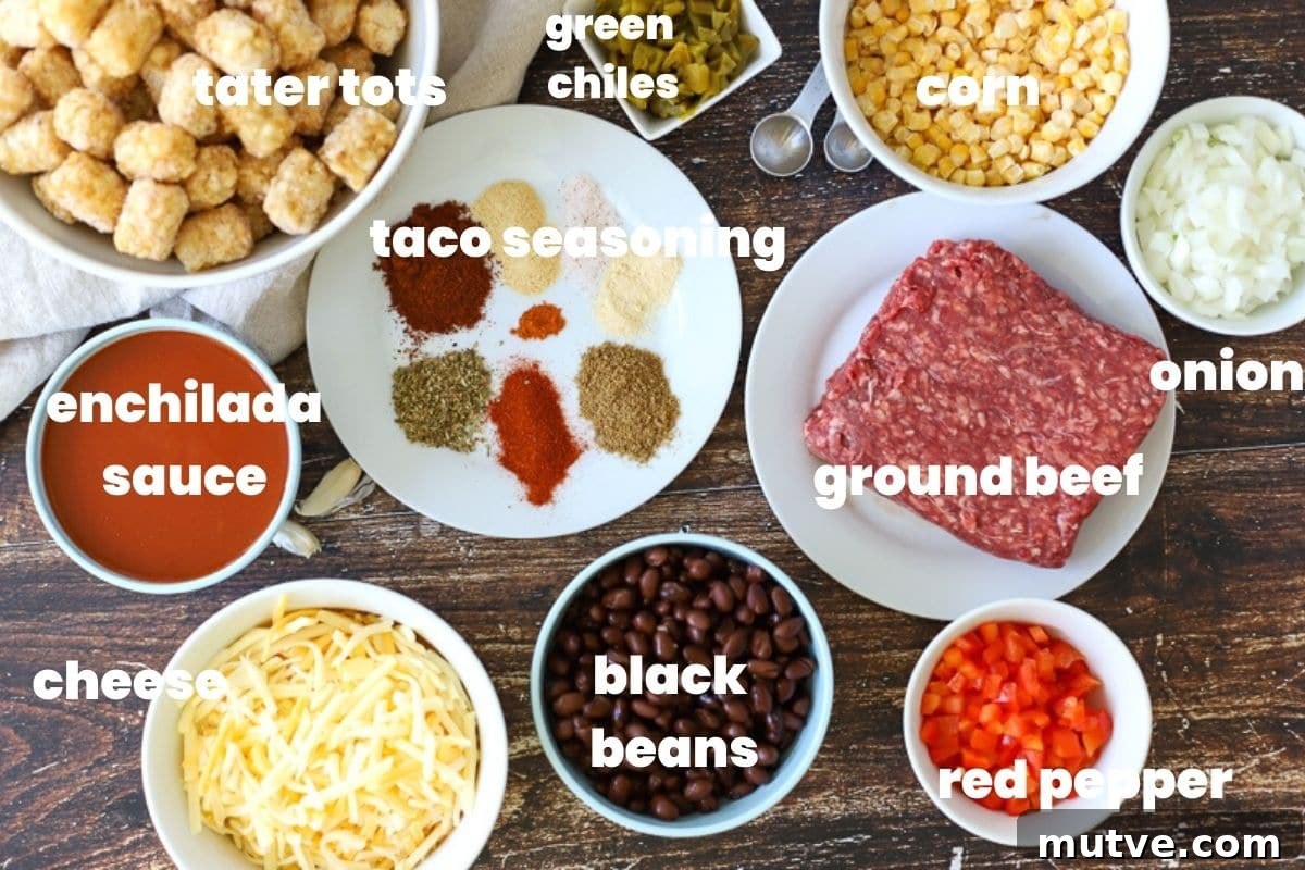 ingredients for taco tater tot casserole.