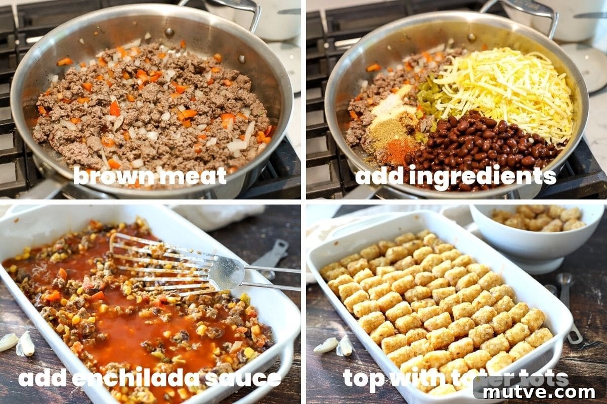 images showing how to make a Mexican tater tot casserole.