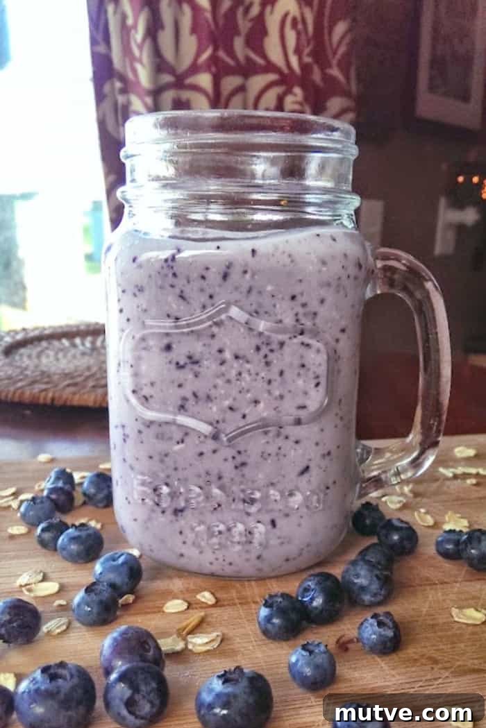 mug of Blueberry Oatmeal Protein Smoothie (Greek Yogurt)