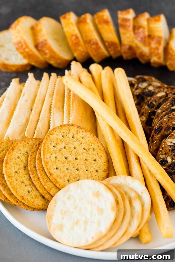 A plate of crackers and breadsticks.