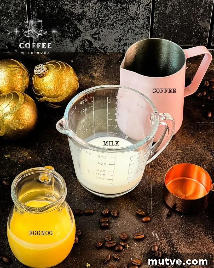 Three ingredients and a handful of cubed ice are required for making a delicious iced eggnog latte!