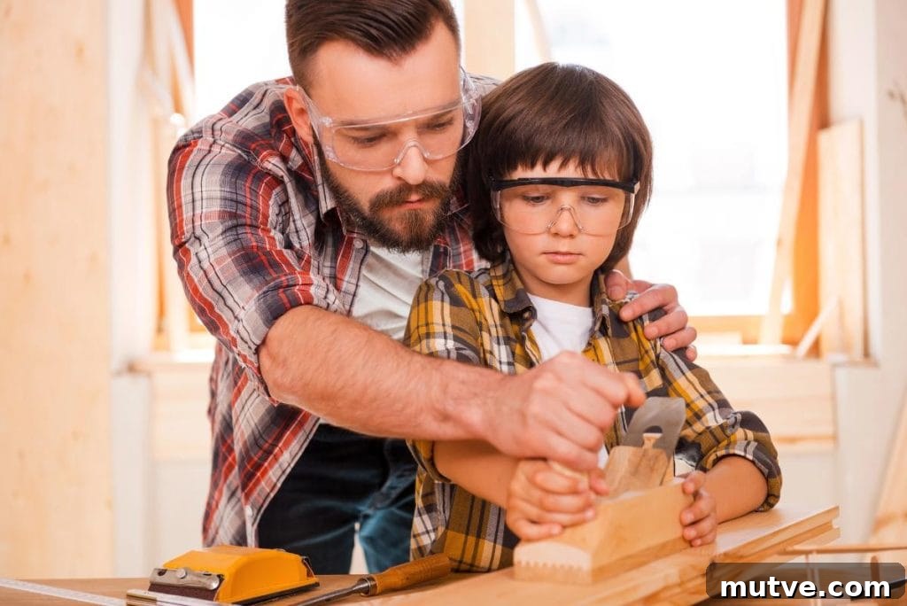 father and son working together on a woodworking project