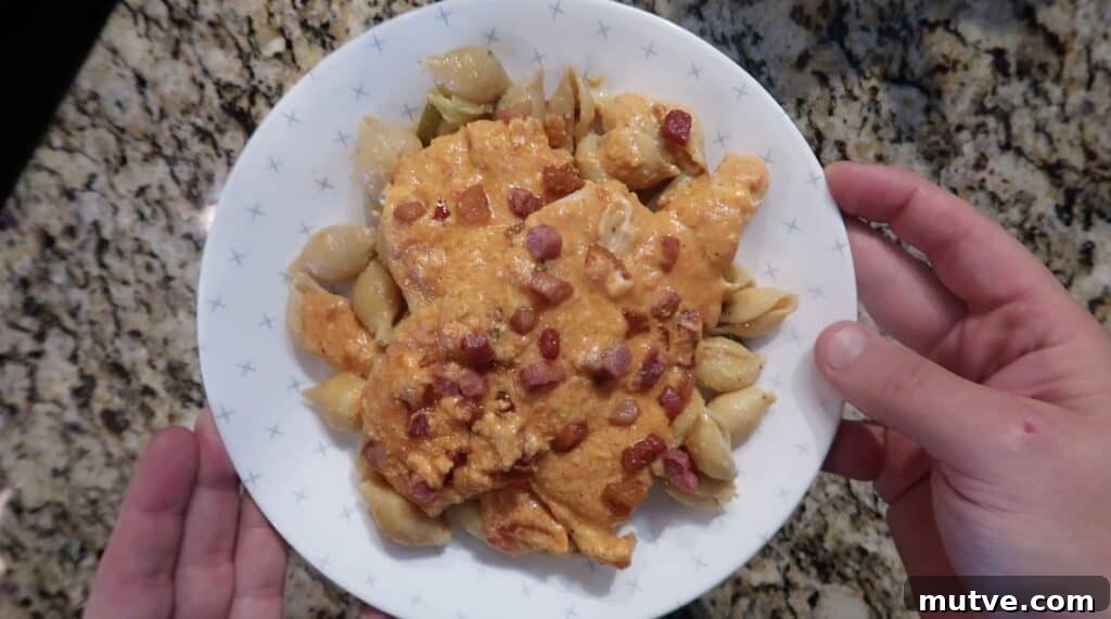 Creamy Instant Pot Chicken Baconara Pasta 29 Serving chicken over pasta