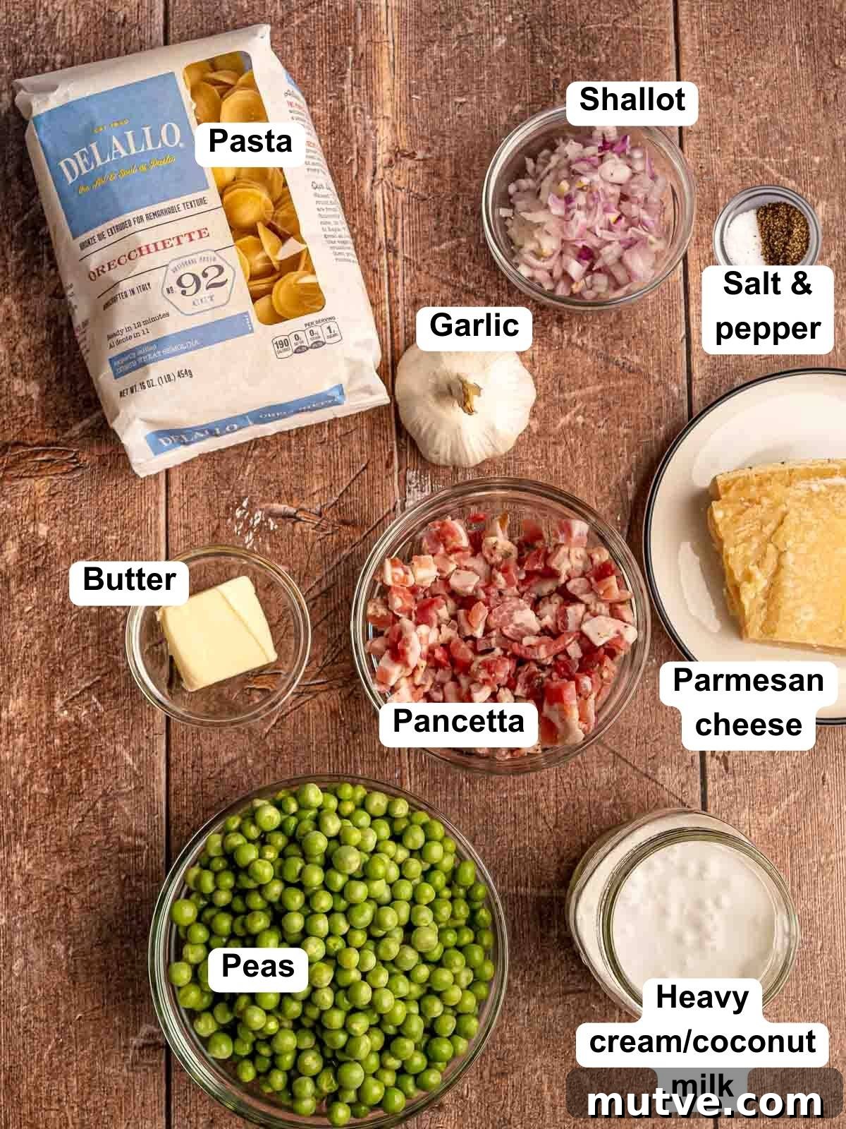 Ingredients in pea and pancetta pasta.