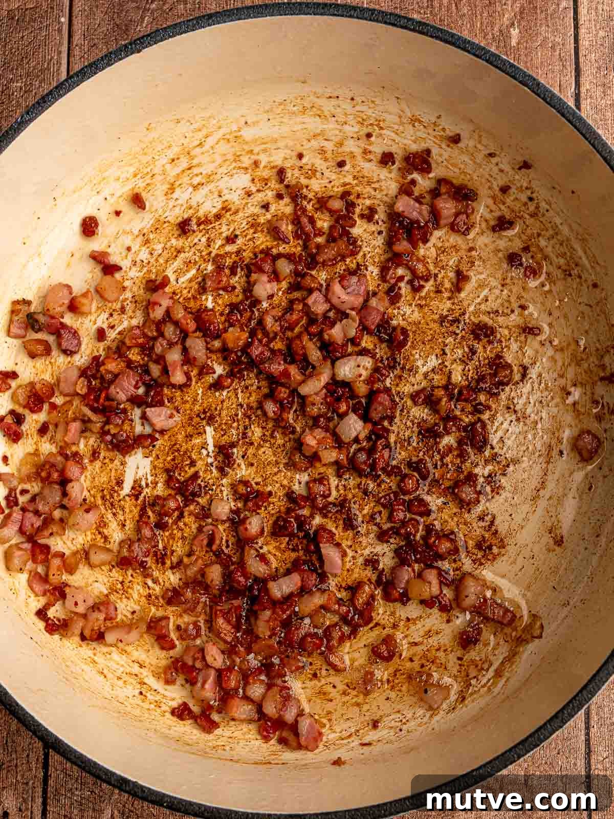 Browned pancetta.