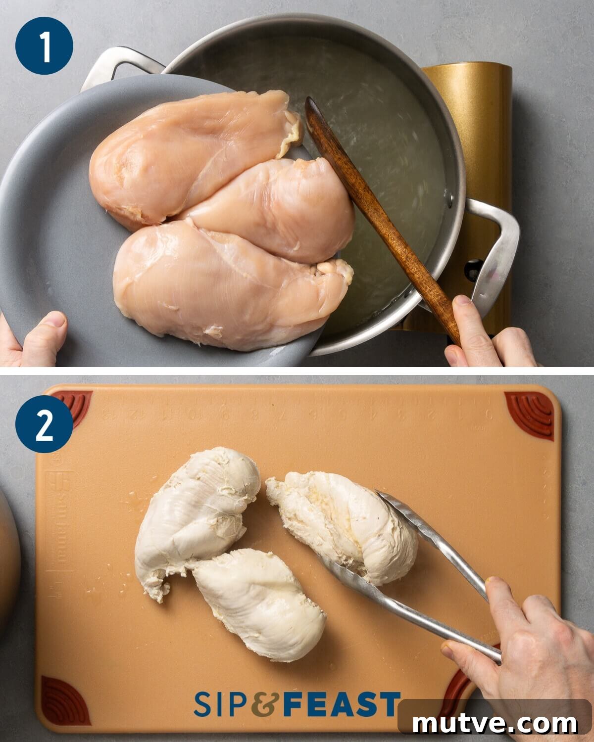 Recipe process collage one showing adding the chicken breasts to boiling water and placing the poached chicken on a cutting board.