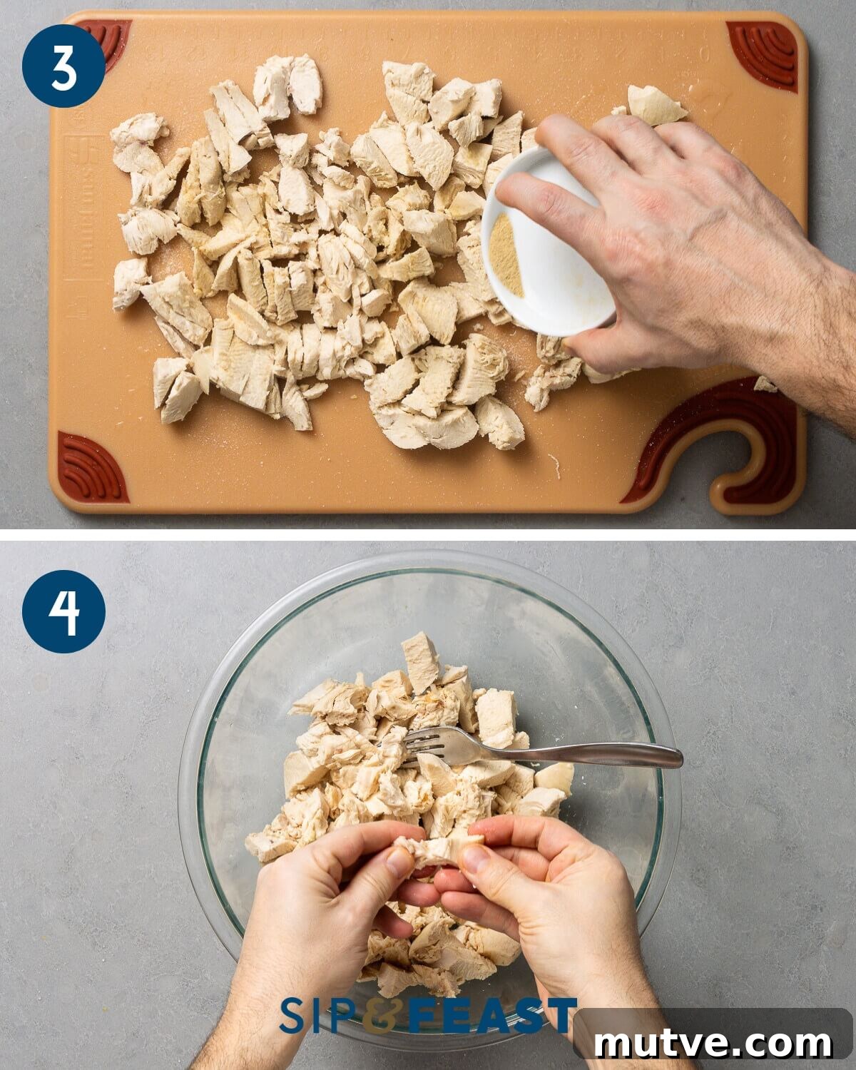 Recipe collage two showing seasoning the hot chicken on a cutting board and breaking the chicken into chunks and small pieces in bowl.