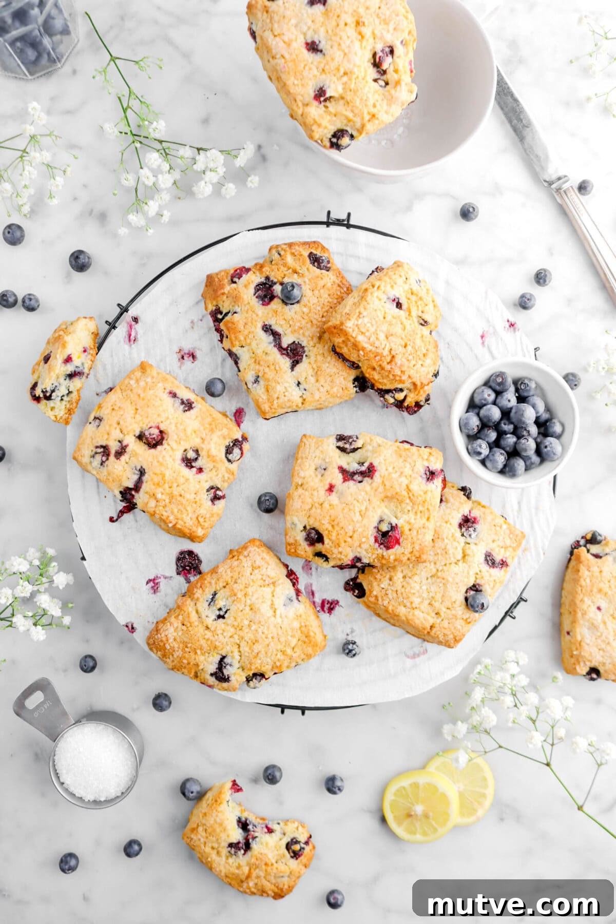 overhead shot of lemon blueberry scones on wire cooling rack with four more scones around, blueberries, cup of decorative sugar, and white flowers