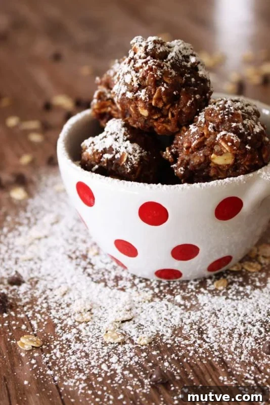 White bowl with red polka dots containing 3 Quinoa Protein Bites sitting on a brown table, sprinkled powdered sugar.